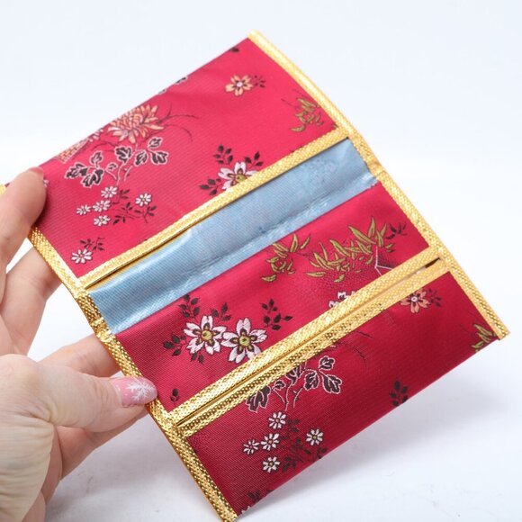 Satin Asian Design Tissue Wallet Chinese Red Pink Floral Embroidered - Picture 3 of 6
